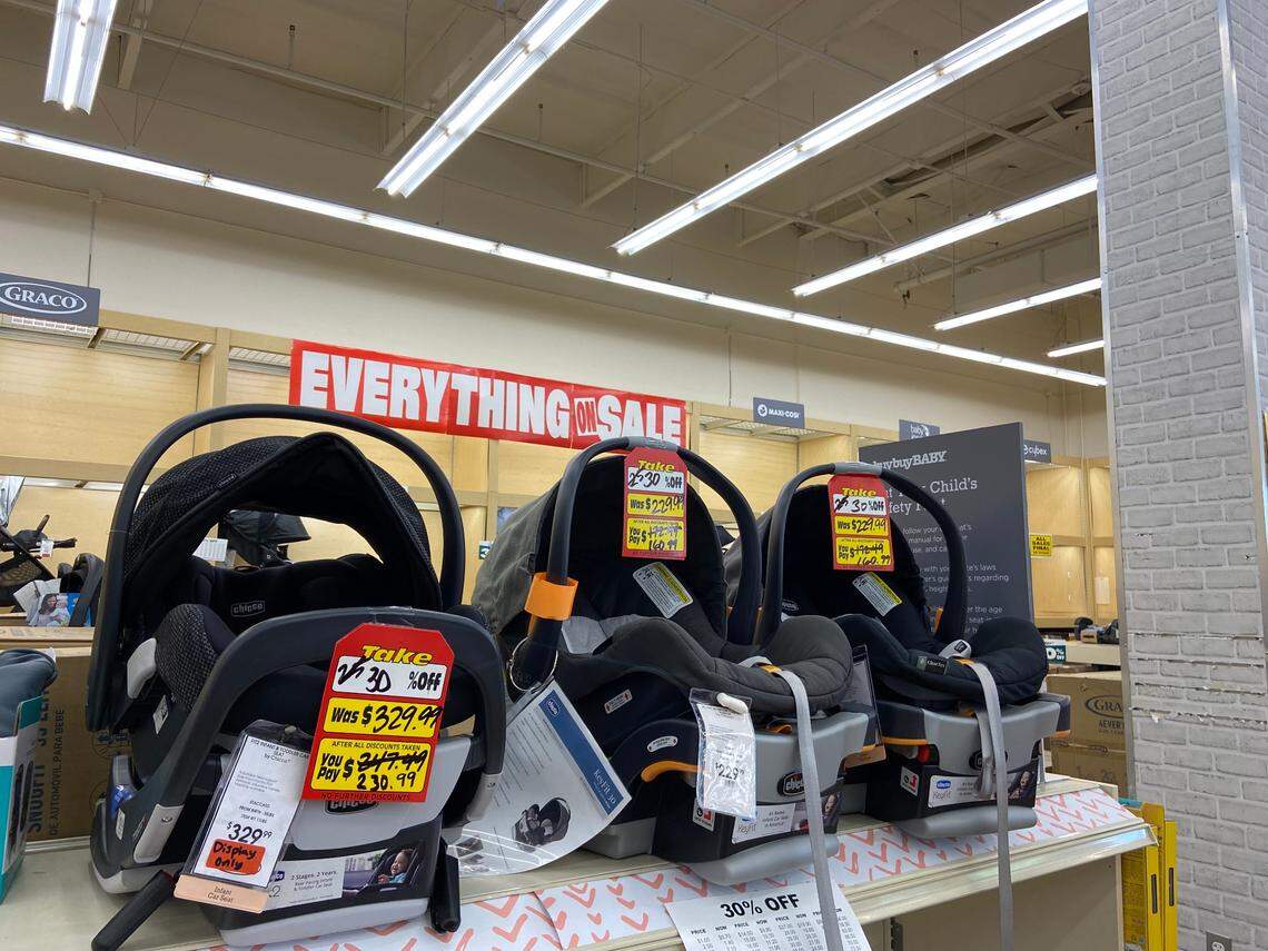 Car seats and other large items such as strollers and cribs are 30% off at buybuyBABY’s going-out-of-business sale.