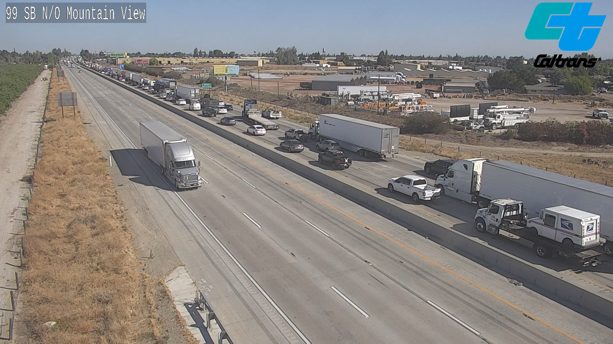 A Caltrans camera looking north on Highway 99 from Mountain View Avenue between Kingsburg and Selma shows the traffic backup after a crash south of Fowler on Thursday morning, July 7, 2022.