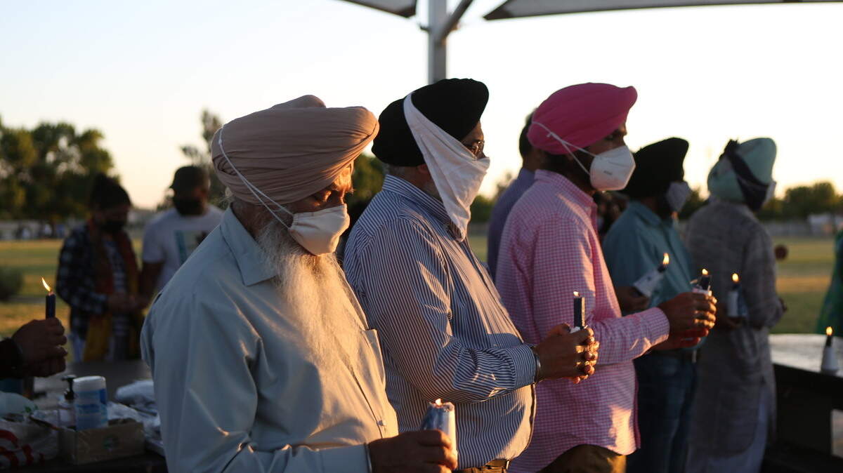 Sikh vigil in Fresno, April 18, 2021. Several vigils were held across California mourning the victims of the Indianapolis shooting at a FedEx facility that left eight dead, four of whom were of Sikh descent.