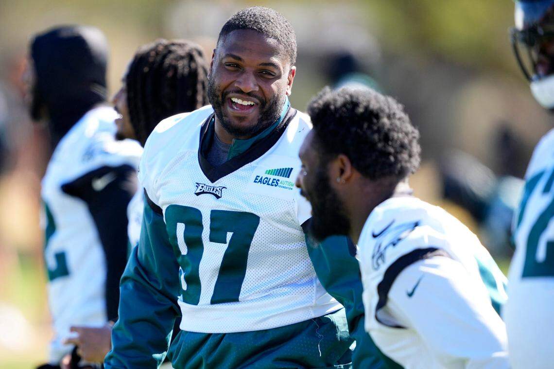 Philadelphia Eagles defensive tackle Javon Hargrave laughs during an NFL Super Bowl team practice, Friday, Feb. 10, 2023, in Tempe, Ariz.