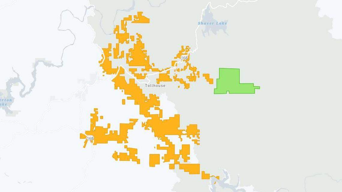 PG&E map shows the extent of a power outage in the Tollhouse, California area on Sunday, July 4, 2021.