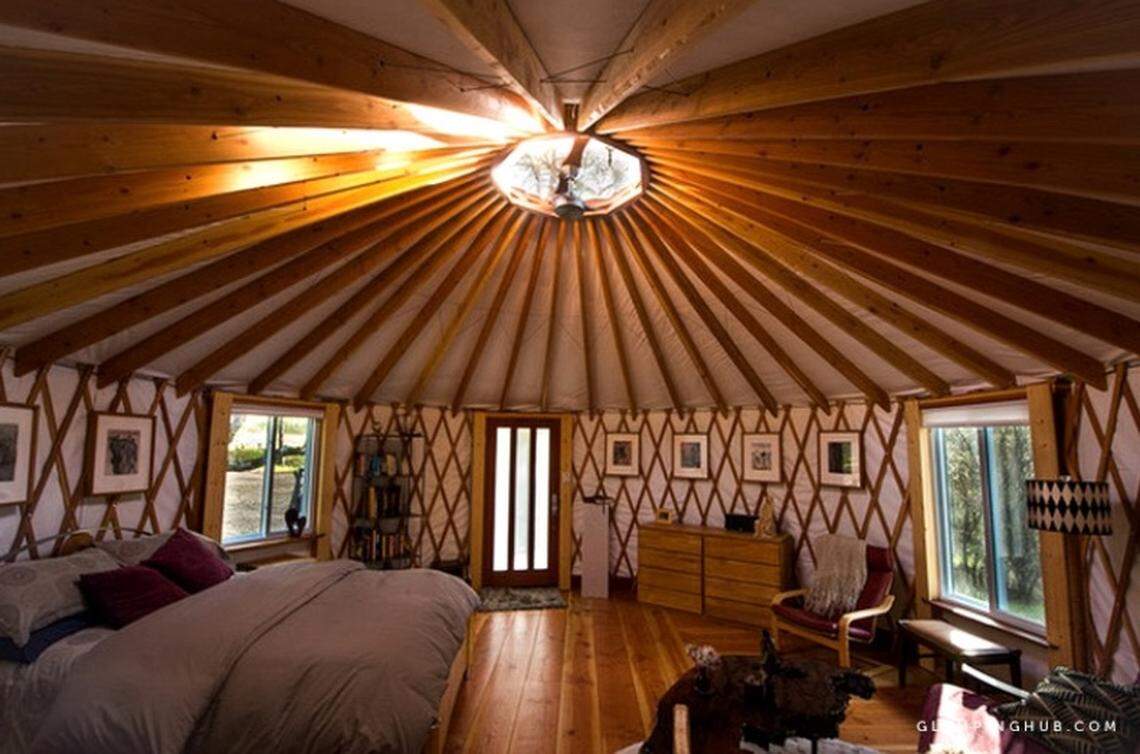 The inside of a yurt for rent in Oakhurst, near the southern entrance of Yosemite National Park.