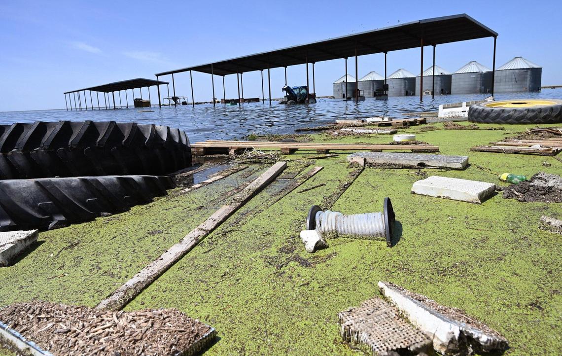 Land at Hansen Ranches along 6th Avenue is surrounded by water Tuesday afternoon, April 25, 2023 just south of Corcoran, CA.