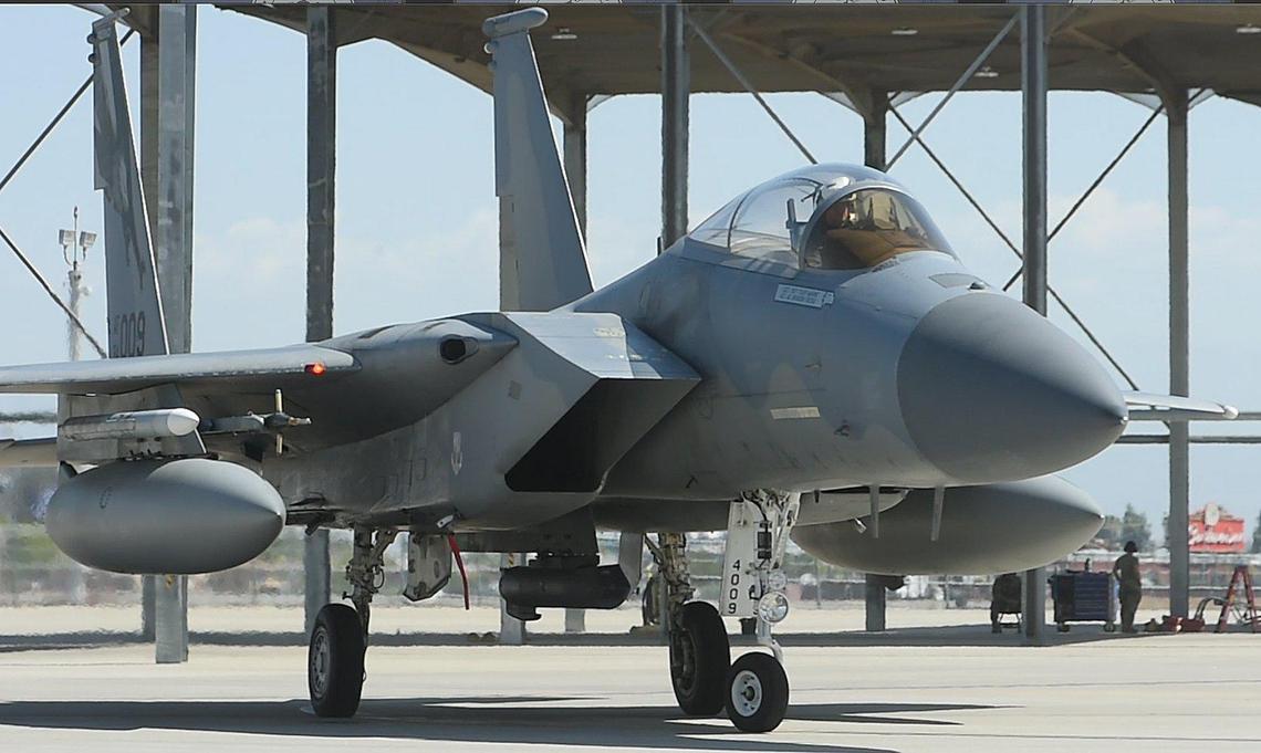 A F-15 of the California Air National Guard, 144th Fighter Wing taxies in after the wing’s “Cities of Honor” dedication Friday April 16, 2021, of a F-15 to the City of Fresno, and its citizens for their support to service members.