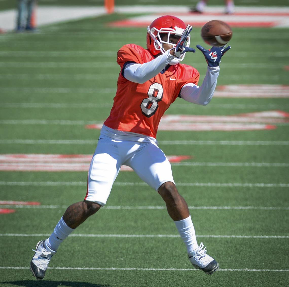 Fresno State wide receiver Chris Coleman catches a pass during the final spring practice of 2019 at Bulldog Stadium on Saturday, April 13, 2019.