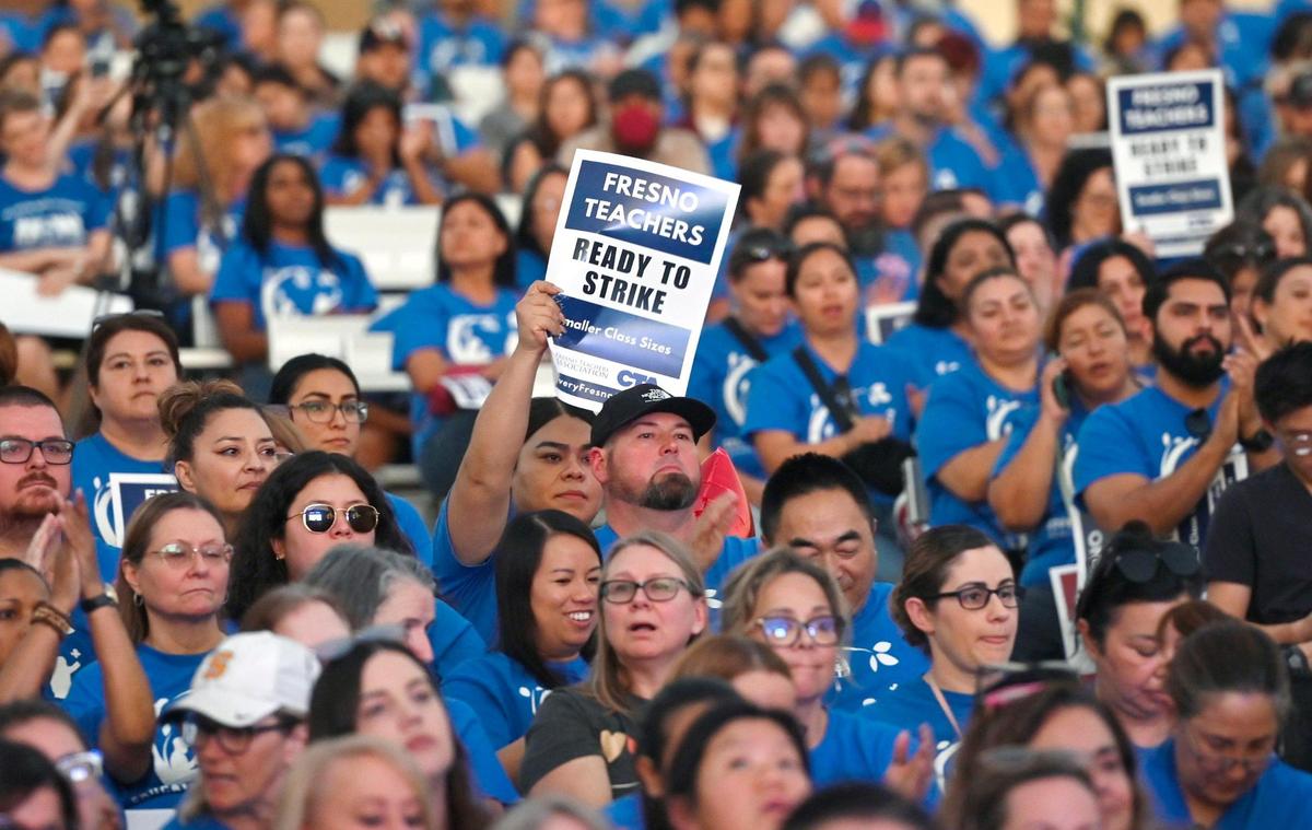 Over 3,000 members of Fresno Teachers Association met to vote for strike authorization at the Paul Paul Theater Wednesday evening, Oct. 18, 2023 in Fresno.