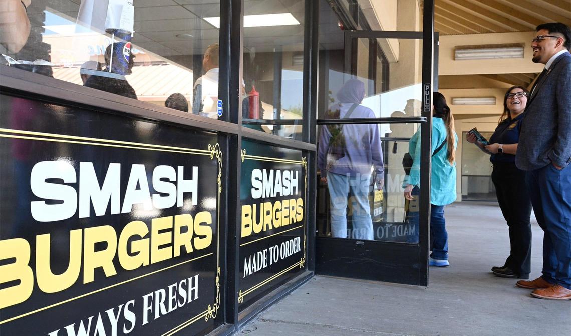 The line for customers extends out the door after a grand opening ceremony was held for Sizzlin Smash Burgers, the first smashburger place in Madera on Friday, July 18, 2025.