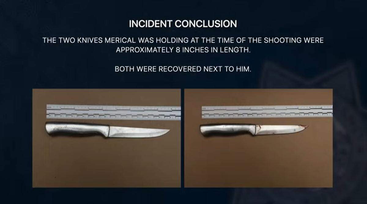A still from a Fresno police video shows the knives held by Joseph Merical when officers fatally shot him as he charged, according to police.
