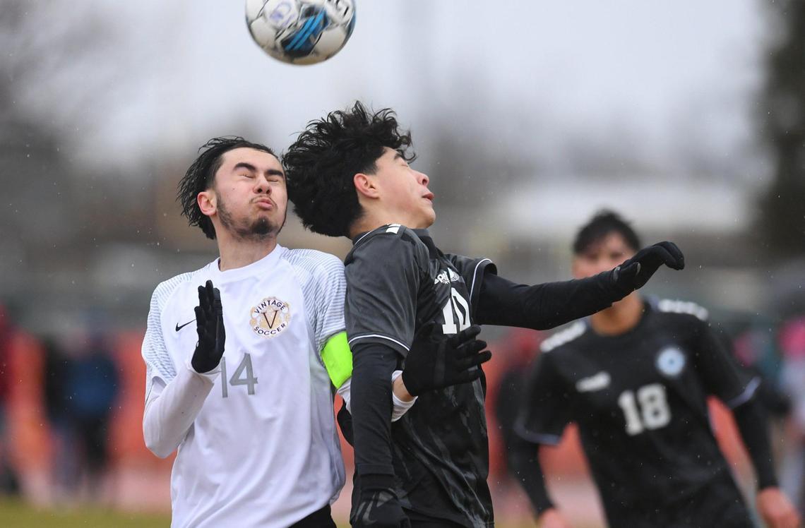 Vintage_Napa’s Noel Lopez, left, with Clovis North’s Javier Moran to the right, in the CIF Northern California Regional boys playoff game Tuesday, Feb. 2, 2023 in Clovis. Clovis North shutout Vintage-Napa 2-0.