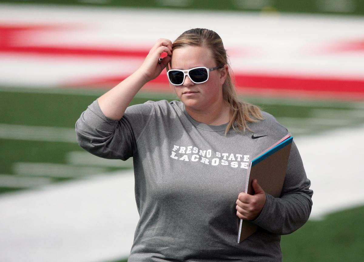 Fresno State women’s lacrosse coach Jessica Giglio walks the sideline during a 2012 Bulldogs’ game. Giglio stepped down Wednesday, Jan. 8, 2020 after going 41-80 in eight seasons.