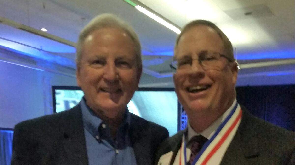 Dick Nichols, left, and Roger George at the 2017 Fresno County Hall of Fame Induction ceremony. George is taking over Nichols’ Shaver Lake fishing guide service.