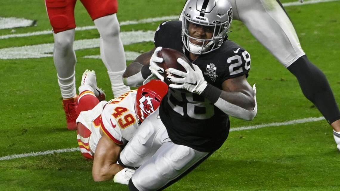 Kansas City Chiefs free safety Daniel Sorensen tackles Las Vegas Raiders running back Josh Jacobs during the first half of an NFL football game, Sunday, Nov. 22, 2020, in Las Vegas.