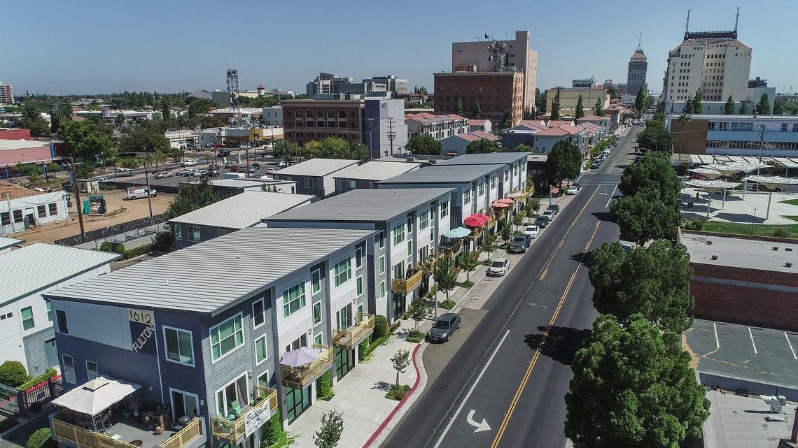 A drone image looking south on Fulton Street in front of the 1612 Fulton apartments in downtown Fresno. Adding more housing to the area is a key goal of a $250 million budget allocation made by Gov. Gavin Newsom.