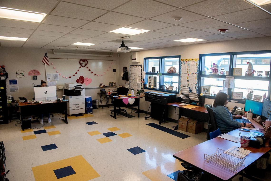 The teacher lounge area now serves as the office at Planada Elementary School in Planada, Calif., on Wednesday, Feb. 8, 2023. Many classrooms and buildings at the school as well as homes and businesses throughout the community were damaged by January flooding which forced thousands to evacuate the town.