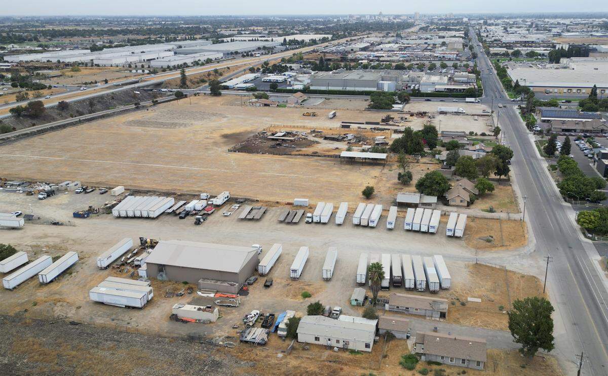 Looking northwest with Highway 41 to the far left and S Cherry Ave. along the right and E North Avenue connecting the two along the top, seen Thursday, Sept. 18, 2025 south of Fresno. This area may be rezoned to allow increased trucking traffic but residents and Orange Center School District administrators oppose the change