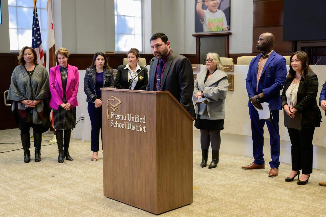 Manuel Bonilla, president of the Fresno Teachers Association, spoke at a press conference on Jan. 12, 2026.