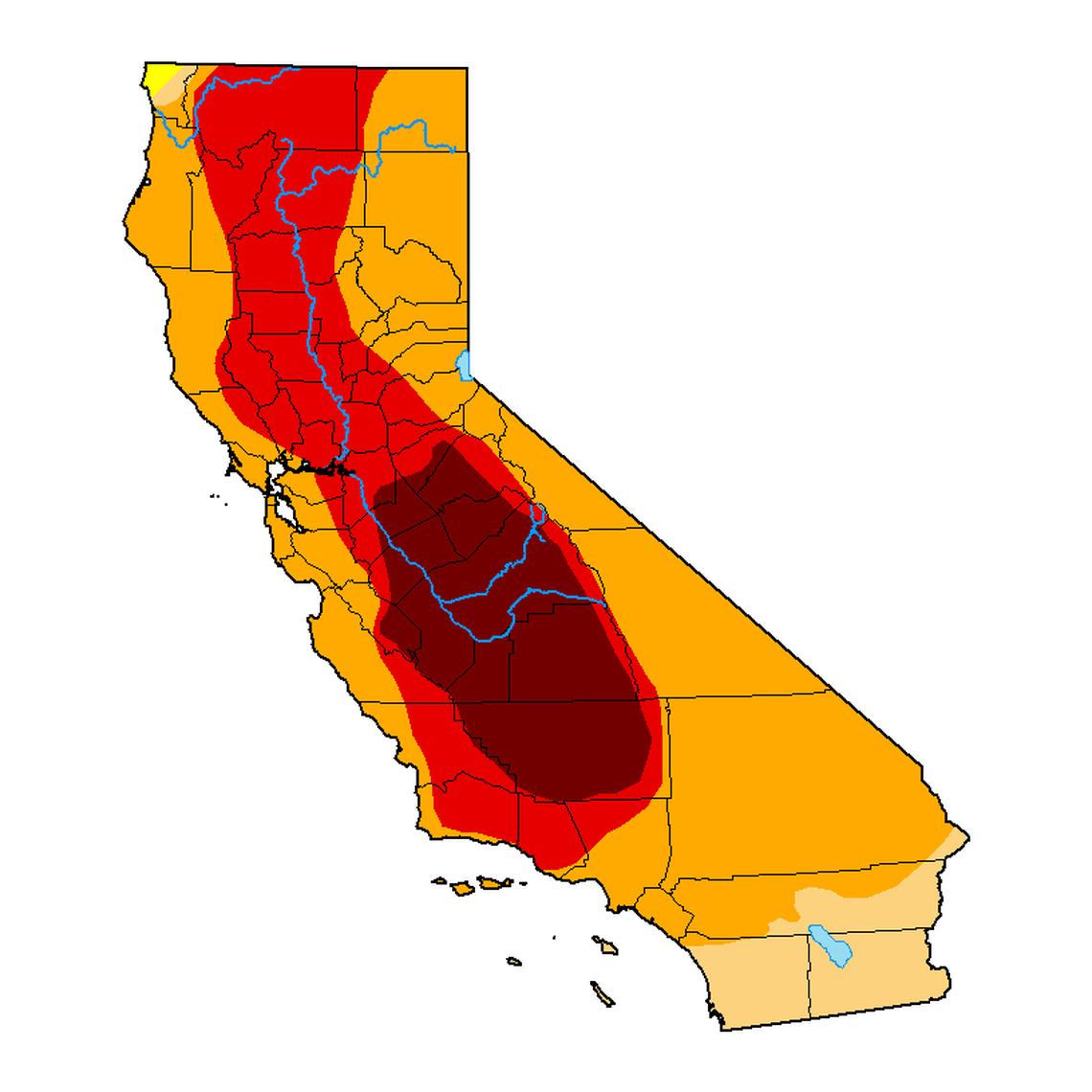 The dark areas in the center of the California are San Joaquin Valley counties where the drought is rated exceptional.