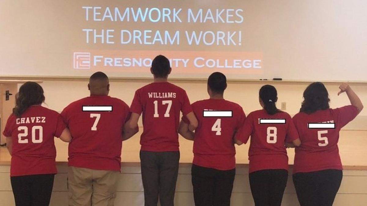 Participants at a foster youth homelessness prevention summit held at Fresno City College in 2018. The theme of “teamwork” was chosen by the youth. Their jerseys signified how many placements they had been in before aging out of foster care and becoming homeless. Their names are blocked out to protect their identities. The two FCC staff member jerseys show how many years of service they have as advocates in foster care. CYC stands for California Youth Connection, a youth run advocacy organization that sponsors legislation and fights for change in child welfare.