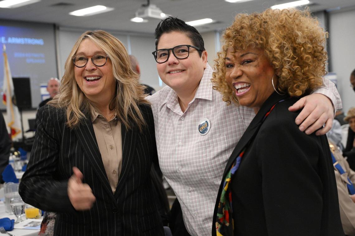 State Center Community College District Chancellor Dr. Carole Goldsmith, left and Jennifer Cruz, center, pose with keynote speaker Dr. Kim E. Armstrong, left, at the Clovis Police Department’s Community Breakfast celebrating Martin Luther King Jr. Day Saturday morning, Jan. 13, 2024 in Clovis.