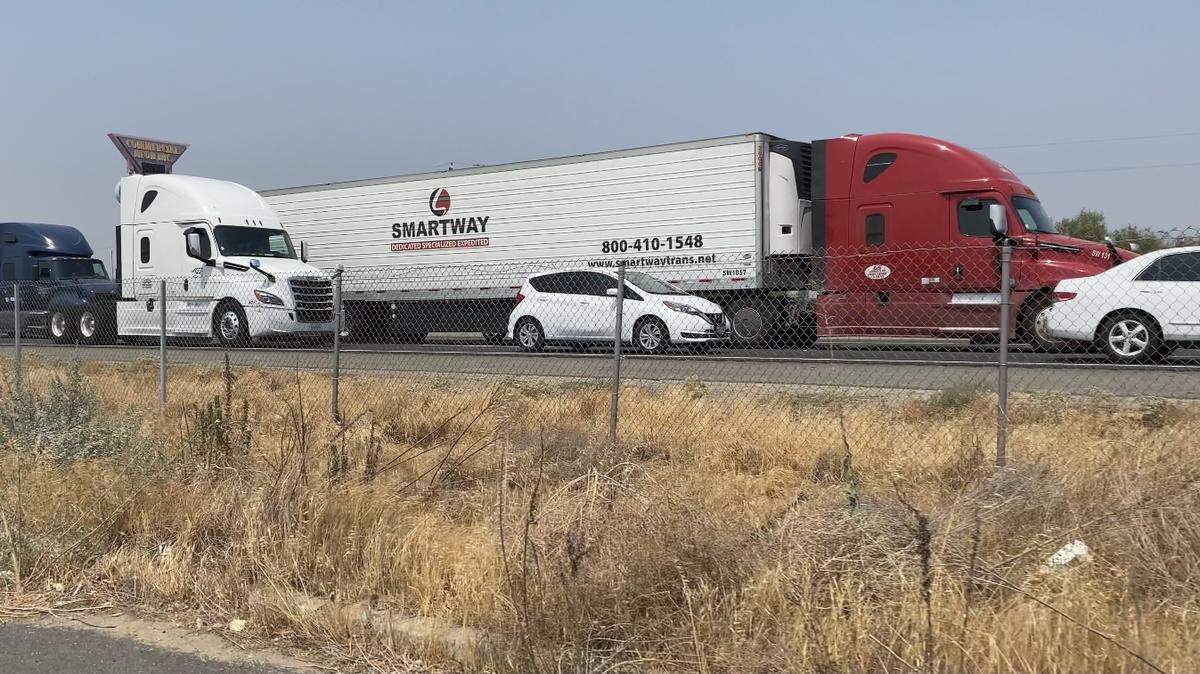 Traffic is backed up on Highway 99 near Shaw Avenue after a fatal collision on Saturday, Aug. 14, 2021.