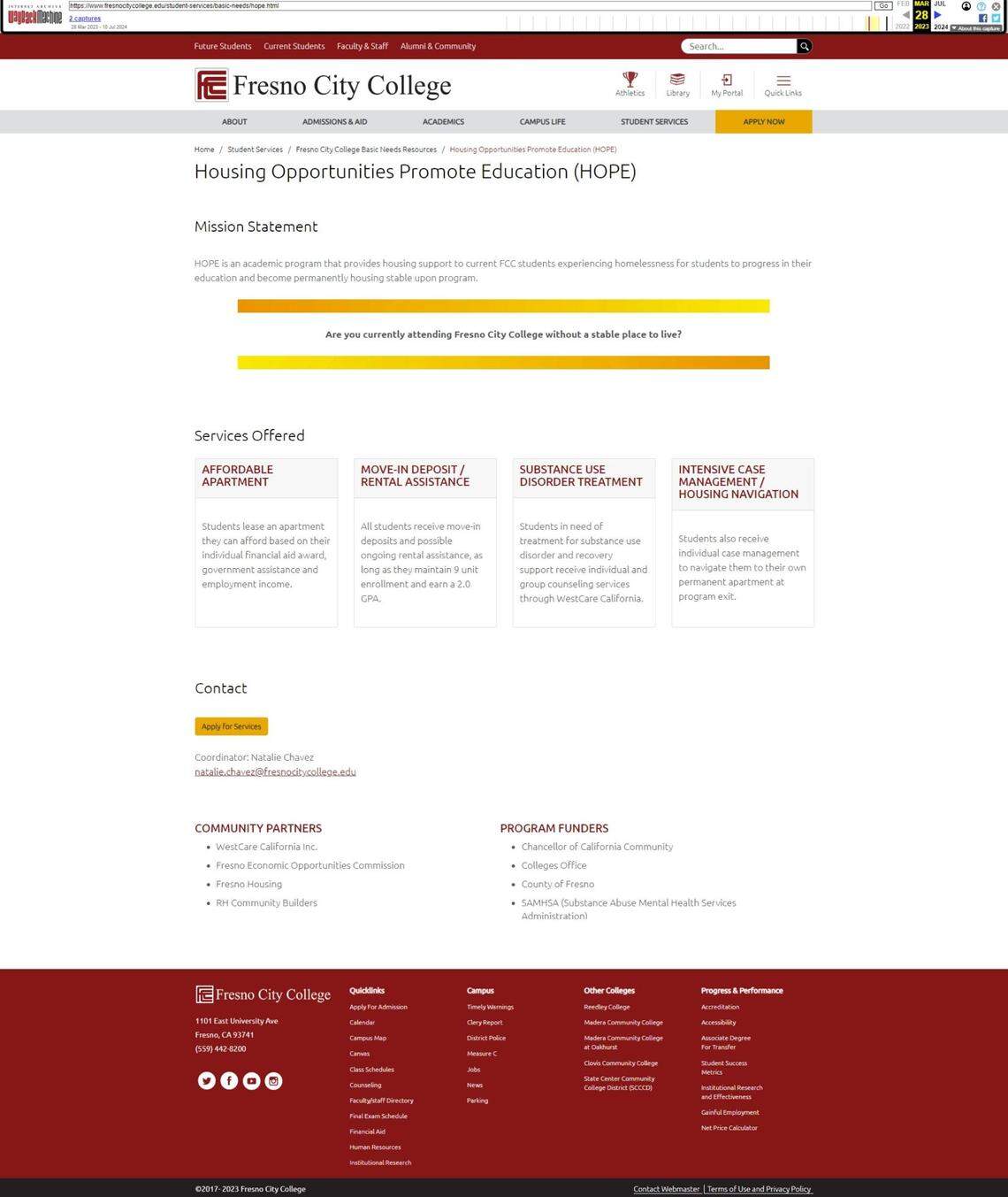 Fresno City College’s HOPE program website on March 28, 2023, captured by The Wayback Machine. The Wayback Machine is an “internet library” to archive websites and allows users to go “back in time” to see how webpages looked in the past.