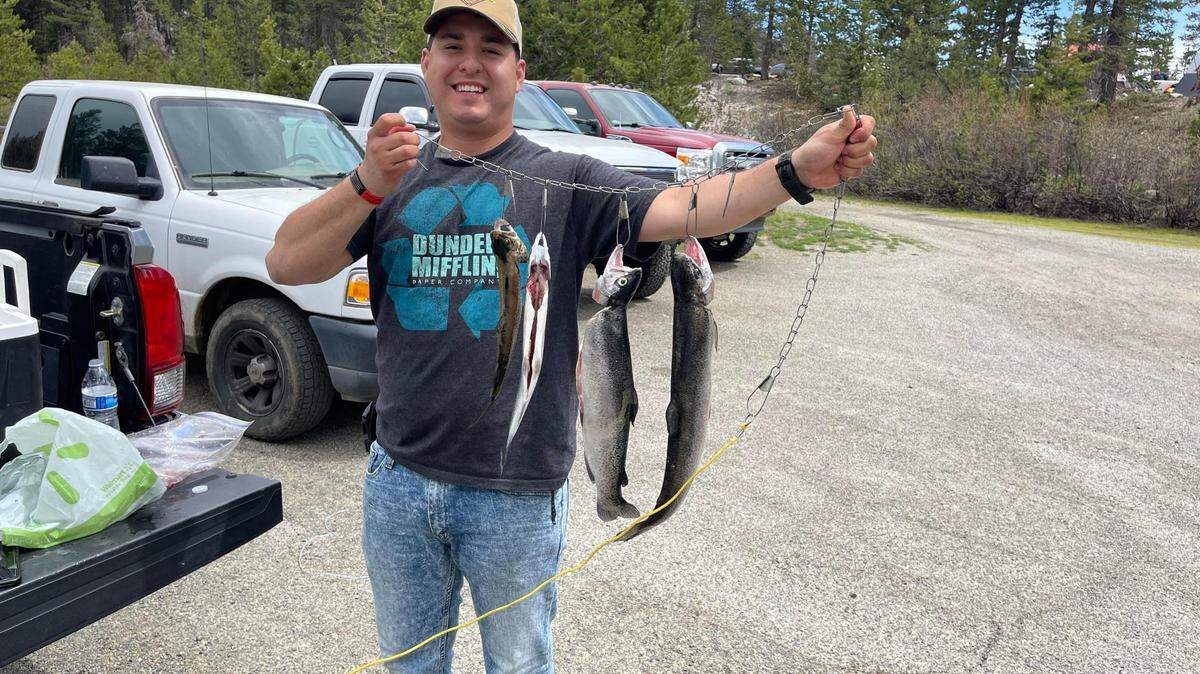 Gabriel Montejano shows off a stringer caught May 29 at Courtright Reservoir. He reports he was bank fishing parallel to Courtright Village, casting about 20-30 yards out with corn-scented Power Bait and a gold bucktail Kastmaster.