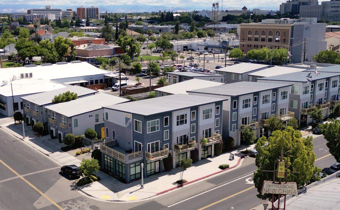 1612 Fulton, a development by Granville Homes on Fulton Street, bottom, photographed Wednesday, April 22, 2026 in Fresno. Granville Homes has posted its urban portfolio for sale. 
