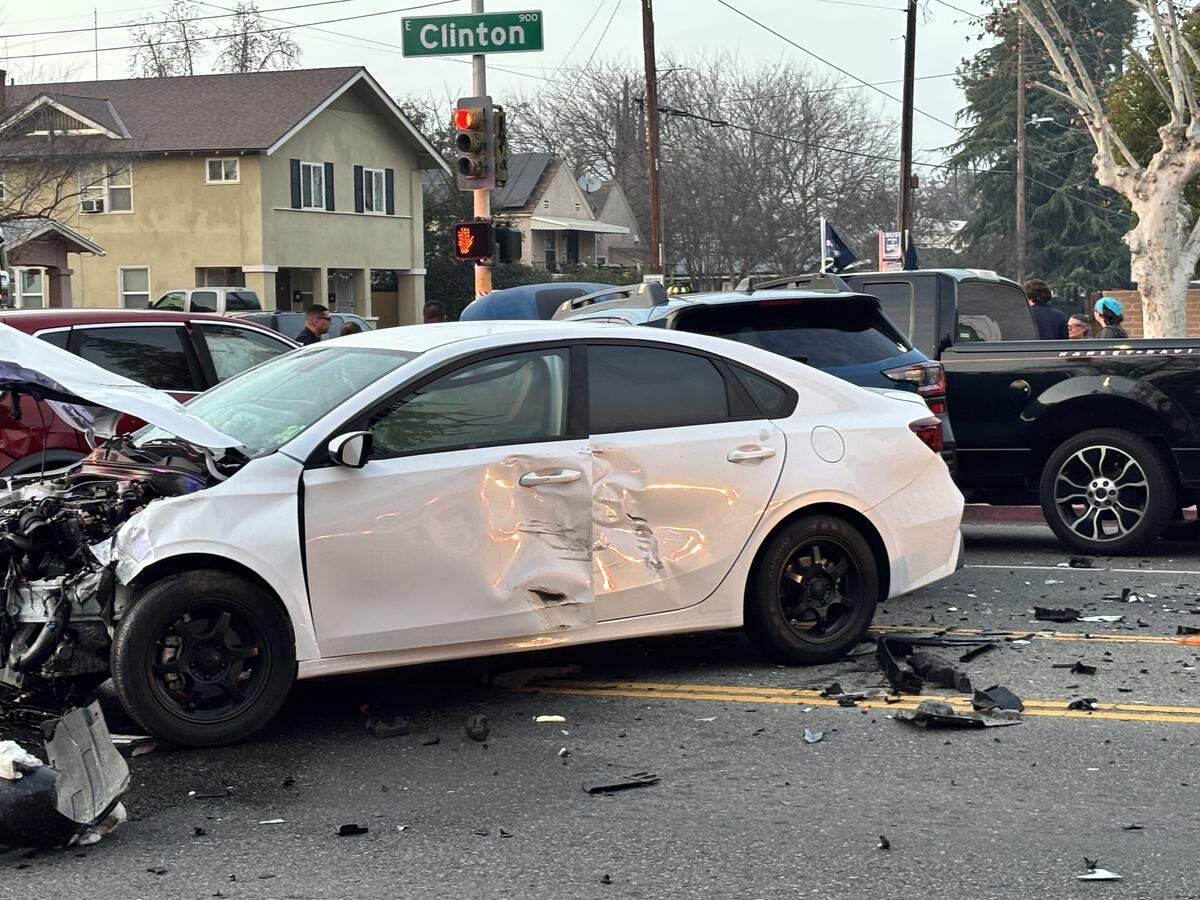 A four-vehicle wreckage on Clinton and Maroa avenues in Fresno, California on Sunday, Feb. 1, 2026.