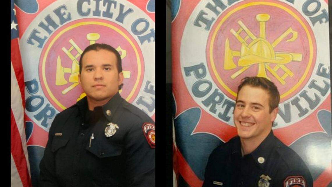 The body of Porterville firefighter Patrick Jones, right, was recovered late Wednesday night from the destroyed city library. Captain Ray Figueroa’s body was recovered earlier.