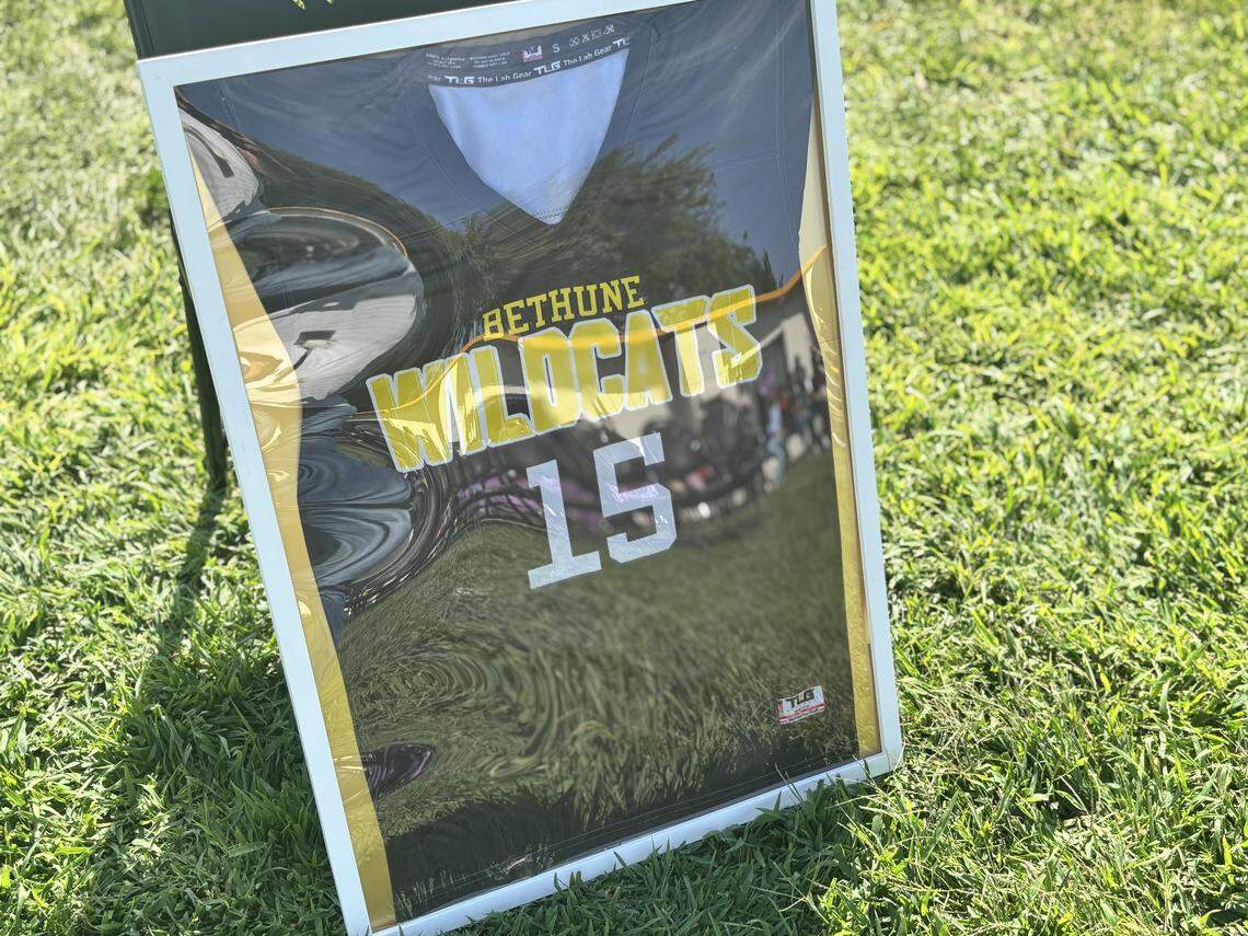 A jersey of Corday Brown’s Edison-Bethune Charter Academy was presented to his family at the school.