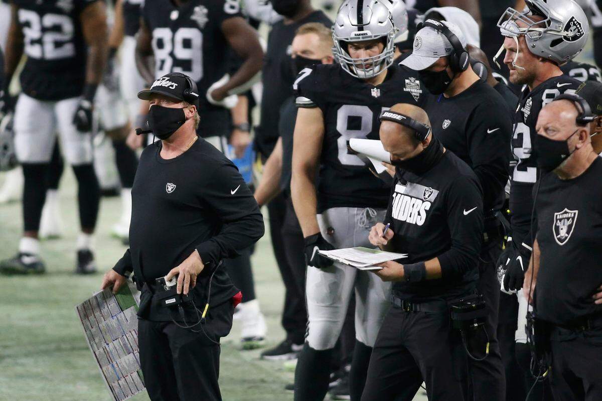 Las Vegas Raiders head coach Jon Gruden watches from the sideline during the second half of an NFL football game, Sunday, Nov. 22, 2020, in Las Vegas.