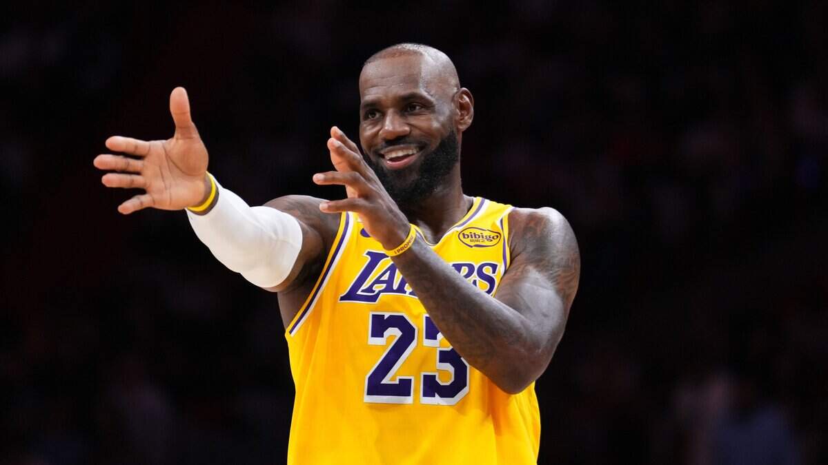 LeBron James reacts against the Miami Heat during the third quarter at Kaseya Center on March 19, 2026 in Miami, Florida.