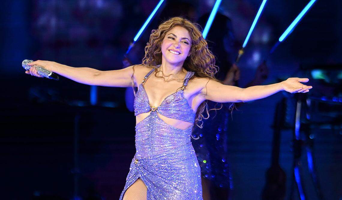 Colombian singer Shakira performs during her sold out Las Mujeres Ya No Lloran World Tour at Valley Children's Stadium, August 7, 2025 in Fresno.