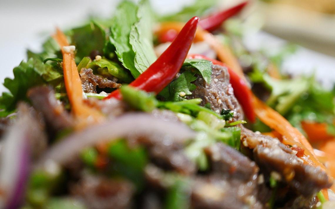 Nam Tok, with grilled New York Strip Steak, served at Thai Taste, a new restaurant serving authentic Thai street food at the corner of Bullard and Cedar avenues. Photographed Friday, June 14, 2024 in Fresno.