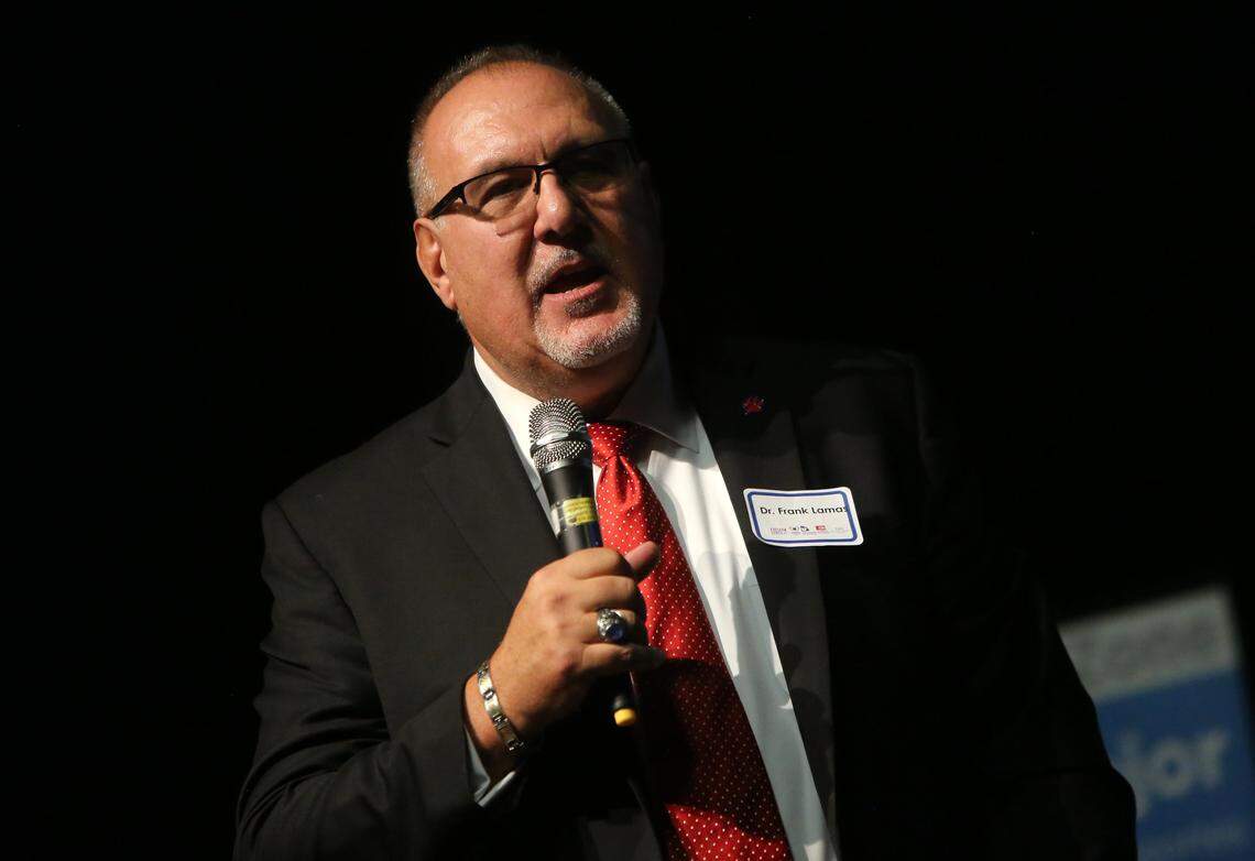 Frank Lamas speaks at the third annual Fería de Educación at Fresno State in 2019.