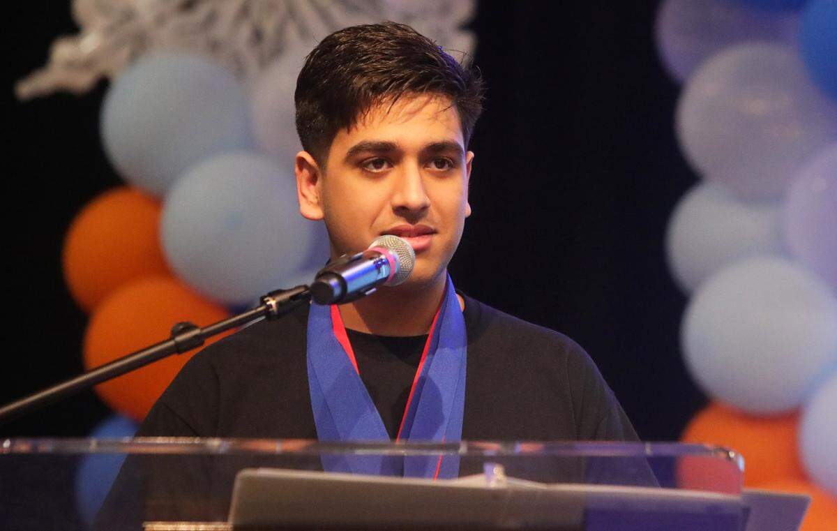 Hallmark Academy senior Jashan Narain delivered a speech about misinformation and the media during the 43rd annual Fresno County Academic Decathlon at Sunnyside High School on Feb. 1, 2025.