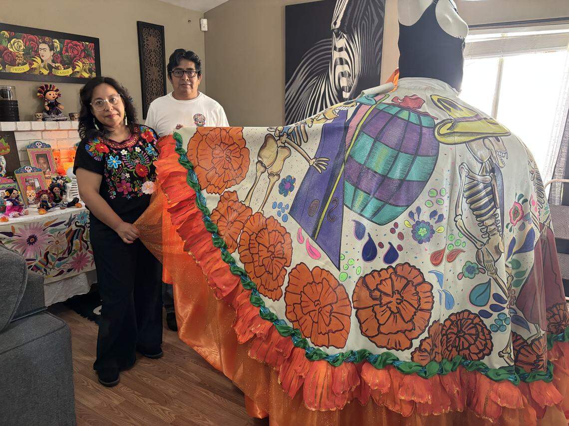 Leticia Valencia has brought La Catrina of Visalia to life for over a decade. She and her husband, Claudio Martínez, create the dresses La Catrina wears each year.