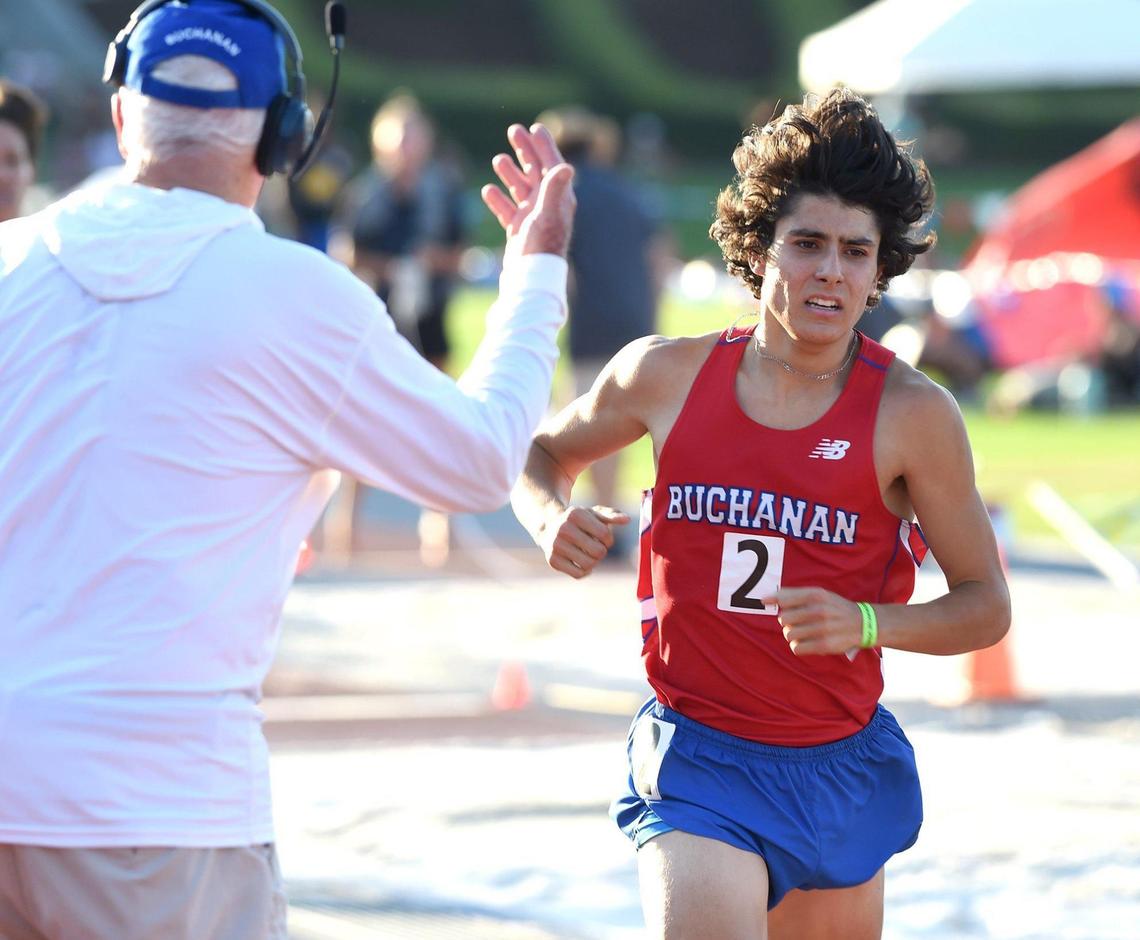 Buchanan High’s Bo Olsen crosses the finish in the 1600 meters during the CIF Central Section Masters Track and Field 2021 Championships at Buchanan High, Saturday June 19, 2021.