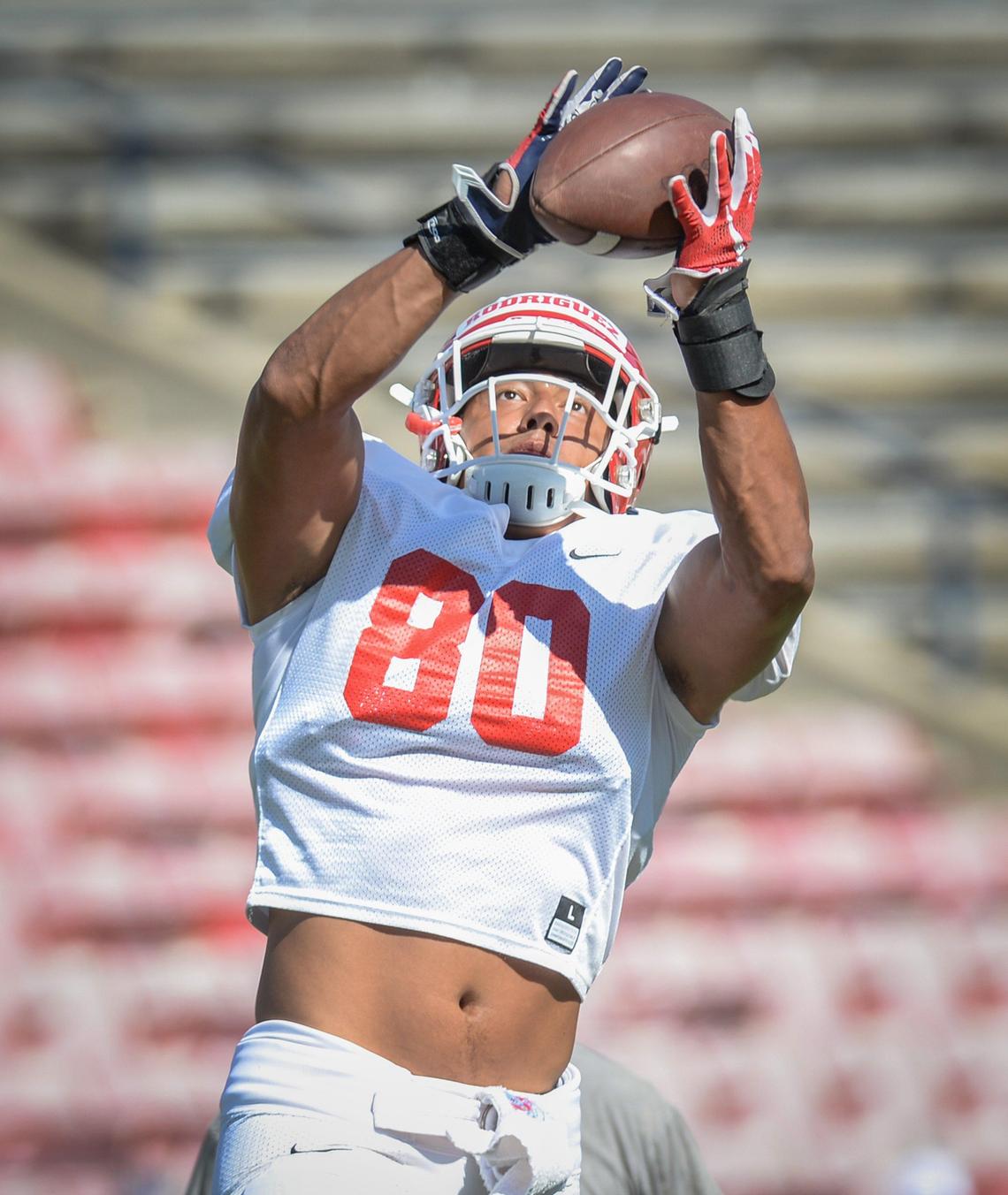 Fresno State tight end Juan Rodriguez turns to catch the ball during drills at fall camp on Saturday, Aug. 10, 2019.