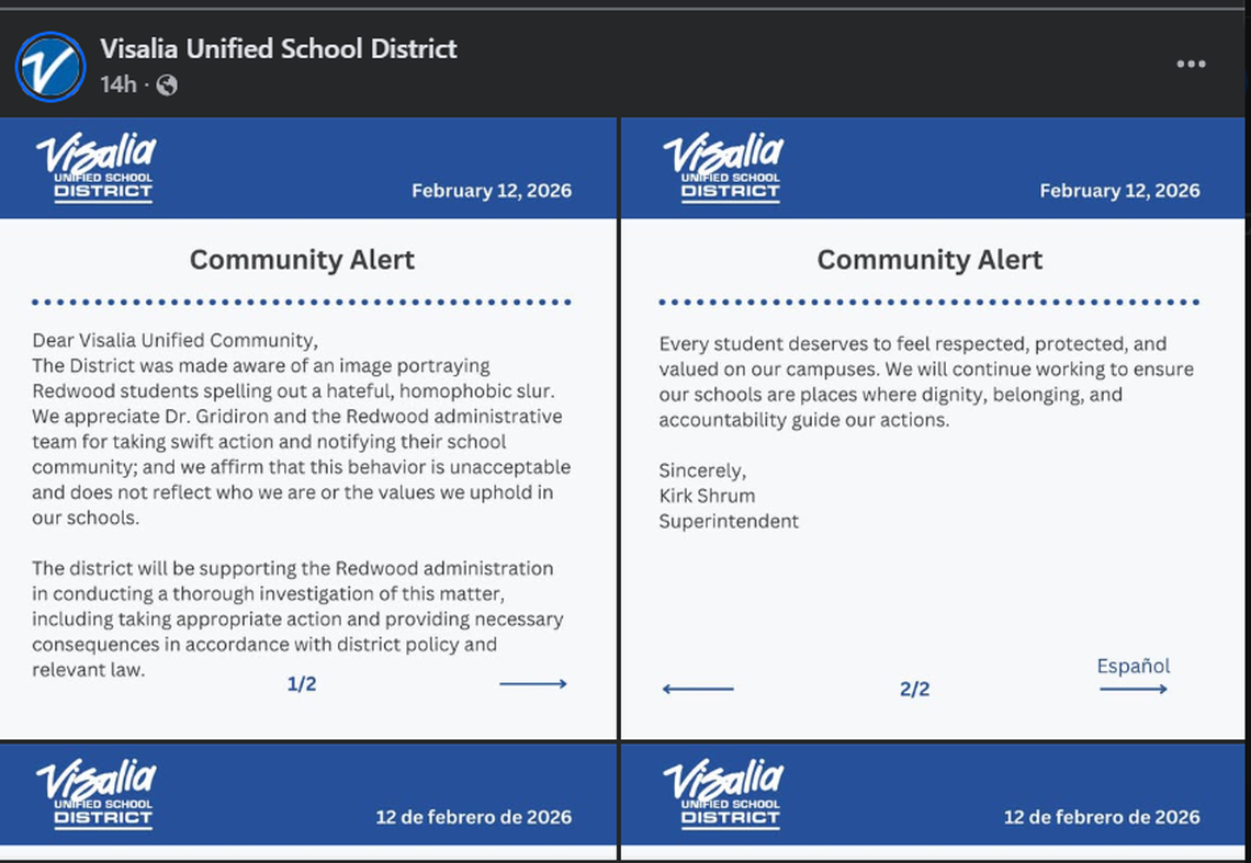 A group of Redwood High School’s ASB students in Visalia are now under investigation for a “homophobic slur” photo incident on Thursday on school campus.