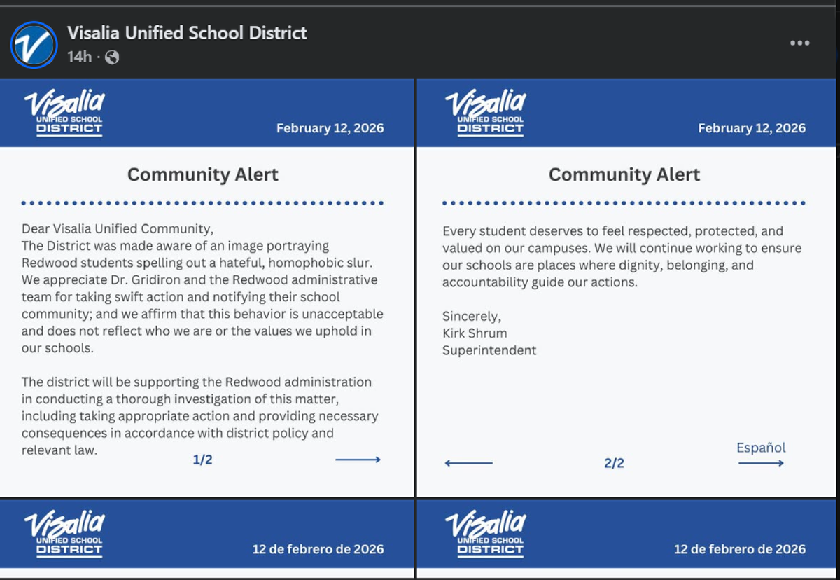 Un grupo de estudiantes del ASB de Redwood High School en Visalia está ahora bajo investigación por un incidente con una foto que muestra un “homophobic slur” el jueves en el campus escolar.
