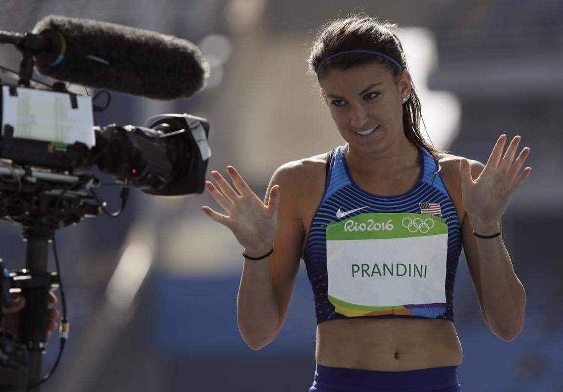 United States’ Jenna Prandini celebrates winning a women’s 200-meter heat during the athletics competitions of the 2016 Summer Olympics at the Olympic stadium in Rio de Janeiro, Brazil, Monday, Aug. 15, 2016. (AP Photo/David J. Phillip)