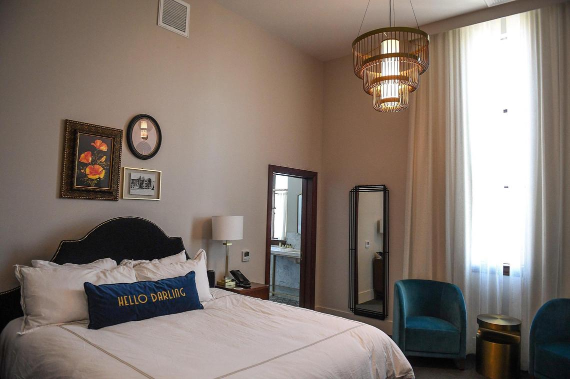 One of the standard rooms at the Darling Hotel, formerly the Tulare County Courthouse Annex building, now open in the downtown area of Visalia.