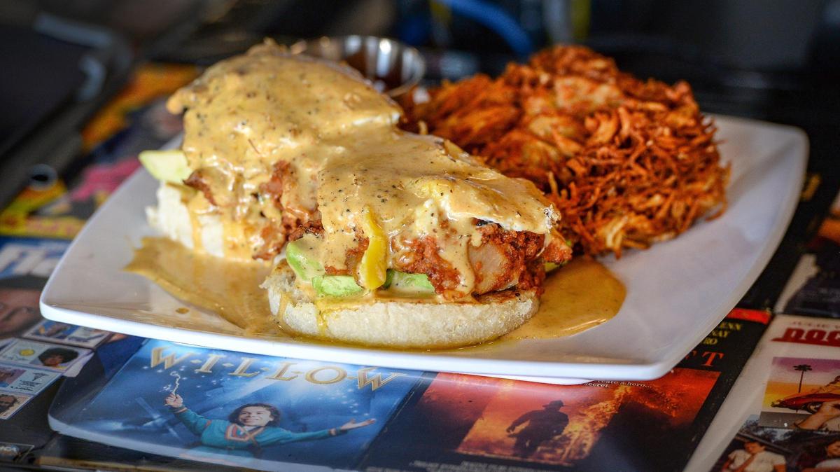 The Hotel California from Benaddiction, made with pork chorizo and potato hash, eggs, avocado, hollandaise and blackened aioli, is a fan favorite.