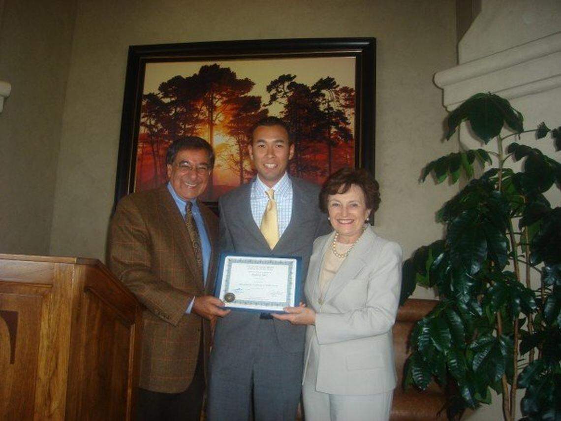 Andrew Janz attended the Panetta Institute for Public Policy founded by former CIA Director Leon Panetta. Here, Janz is pictured with Leon Panetta and his wife, Sylvia Panetta.
