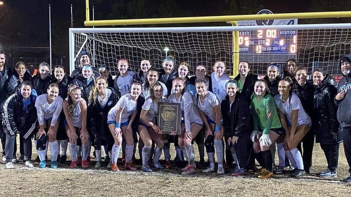 Clovis North poses for a photo after defeating Liberty-Bakersfield 1-0 for the Central Section Division I championship on Friday, Feb. 24, 2023.