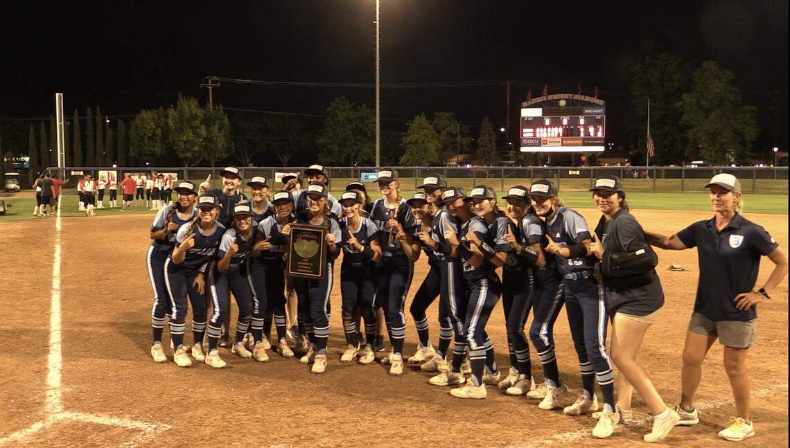 The Bullard High softball team poses for a photo after winning the Central Section Division II championship on Friday, May 27, 2022.