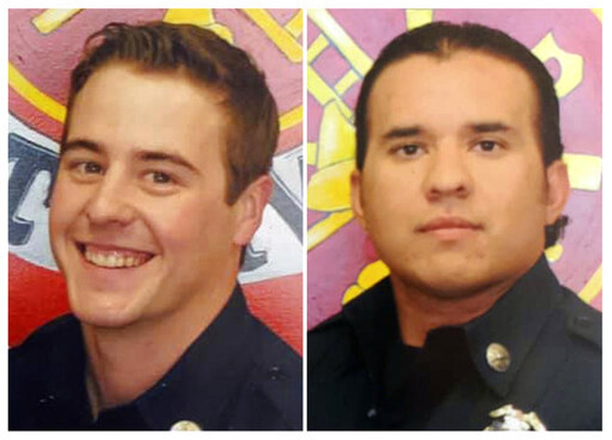FILE - This combination of undated file photos provided by the Porterville, Calif., Fire Department shows firefighter Patrick Jones, left, and Capt. Raymond Figueroa. Murder charges were filed Friday, Feb. 21, 2020, against two 13-year-old boys suspected of starting a blaze that killed the two firefighters at a central California library. (Porterville Fire Department via AP)