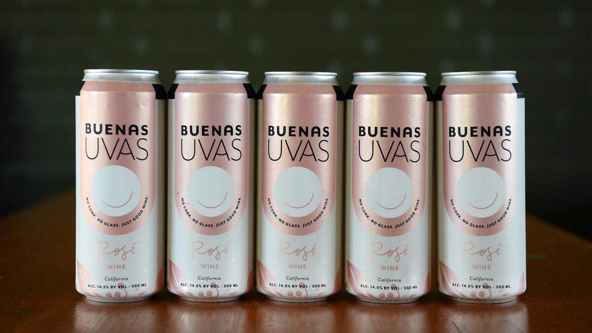 Cans of Buenas Uvas rosé wine from Lost Cork Wine Co. are lined up at the company’s sister company, Tioga-Sequoia Brewing in downtown Fresno on Tuesday, April 23, 2019.