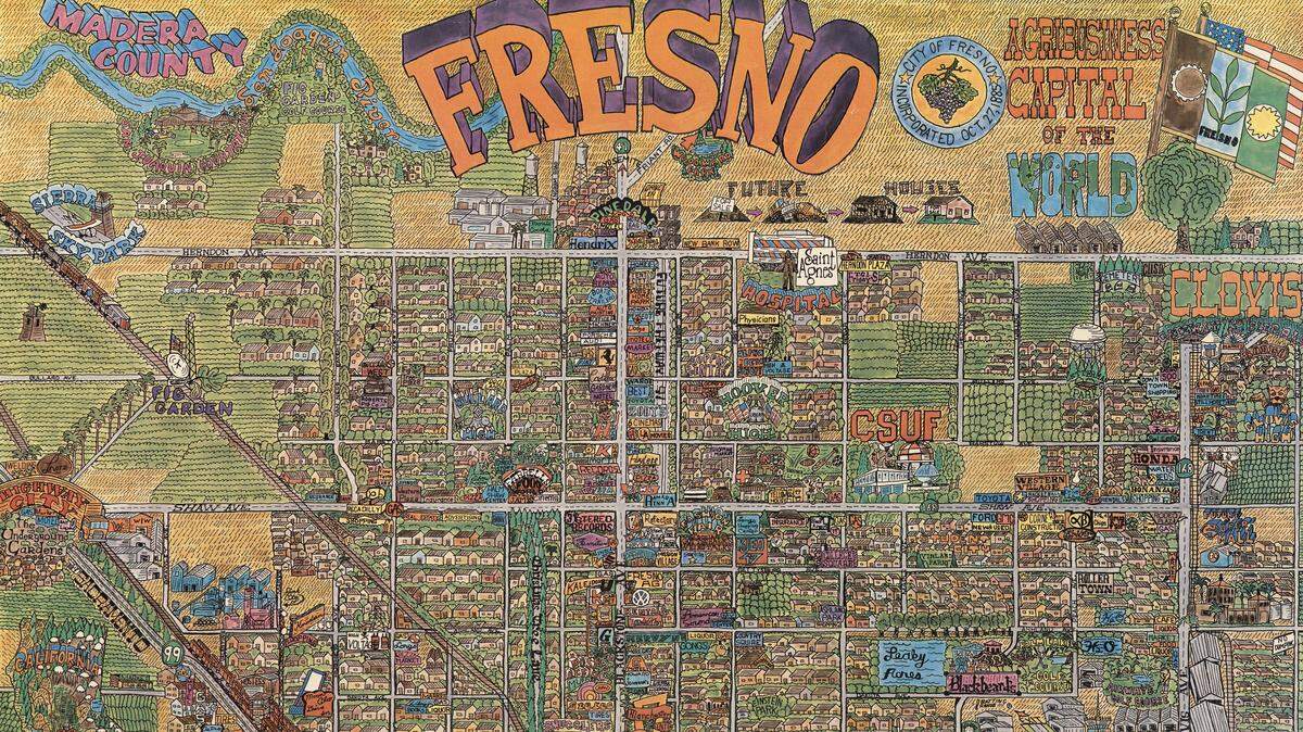 A cartoon map of Fresno, Calif., in 1980.